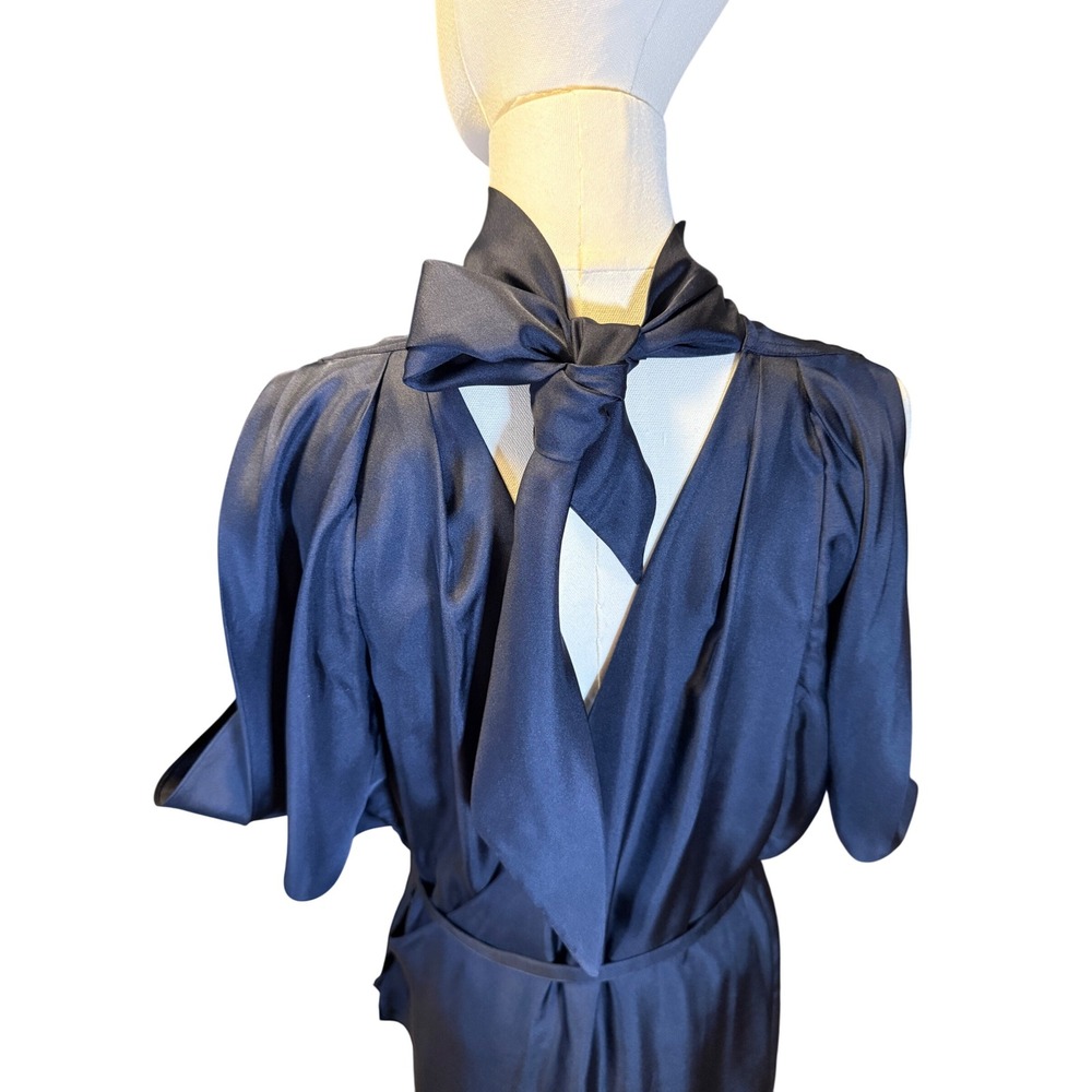 RAOUL Navy Blue Satin Wrap Top Midi Dress with Tie Neck Sz 6 - Picture 5 of 6